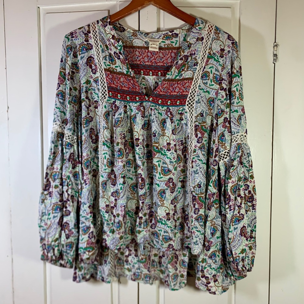 Sundance Womens XL Paisley Floral Crochet Lace Trim Rayon Balloon Sleeve Blouse